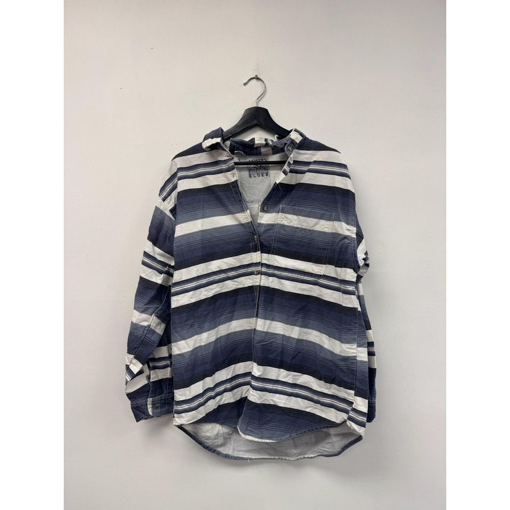 Vintage Andrews Blues Shirt Mens Large Blue White Striped Long Sleeve Button 90s